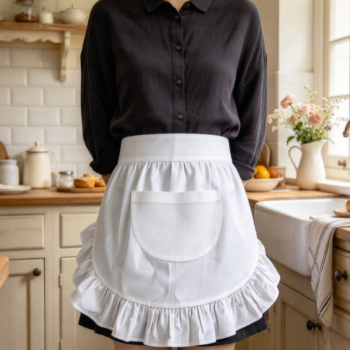White Ruffled Half-Apron – Oil-Resistant Half-Apron for Home Baking